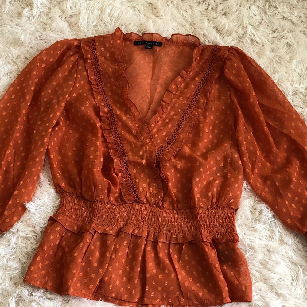 Orange Ruffle trimmed V - neck mocked blouse